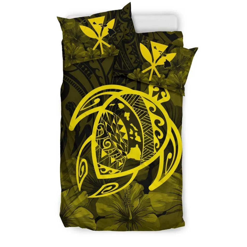 FamilyGater Bedding Set - Cover and Pillow Cases Hawaiian Map Turtle Kanaka Hibiscus Polynesian - Yellow - AH J4