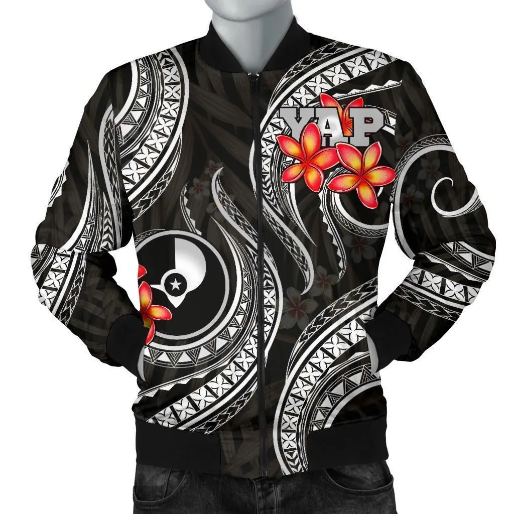 Yap Micronesian Men Bomber Jacket - Black Plumeria