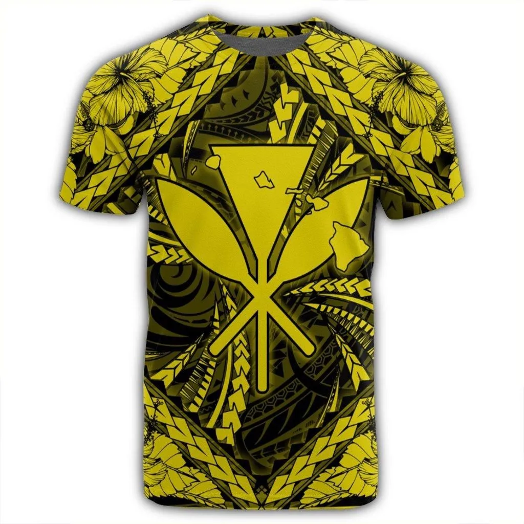 Hawaiian Map Kanaka Hibiscus Yellow Polynesian T-Shirt - AH