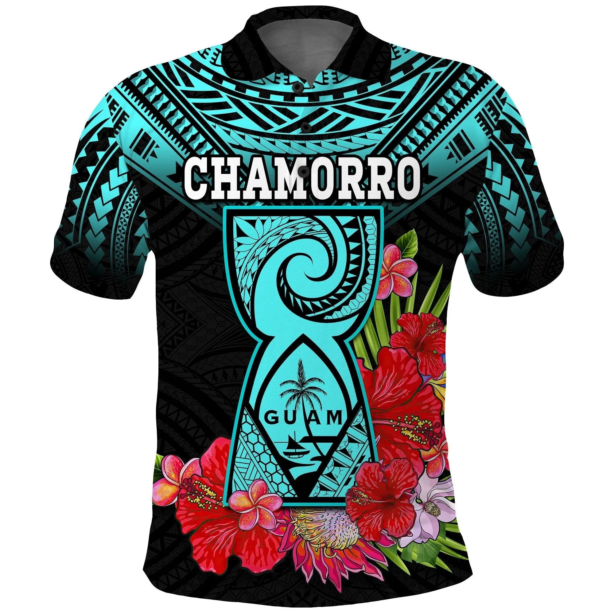 Custom Personalised Guam Chamorro Polo Shirt Guaman Latte Stone Tropical Flowers Turquoise Style LT14