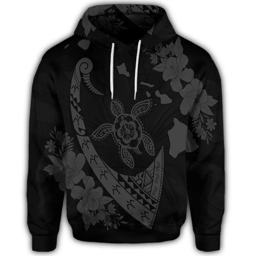 Hawaiian Map Hibiscus Turtle Fish Hook Polynesian Hoodie Grey