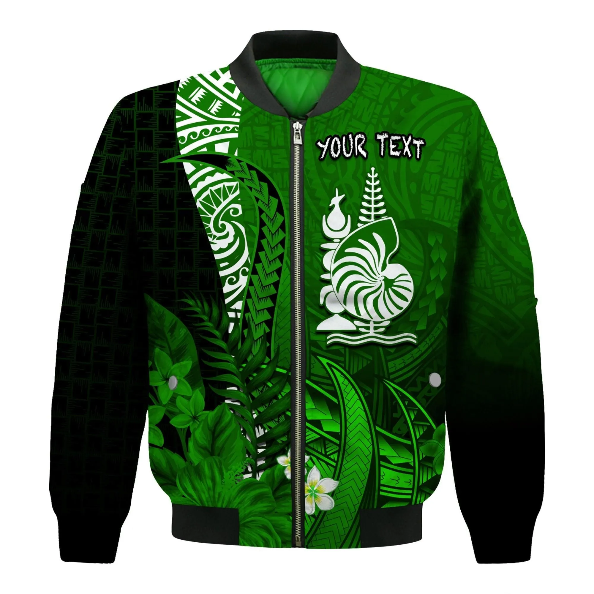 (Custom Personalised) New Caledonia Bomber Jacket Nautilus Green Polynesian Hibiscus LT13