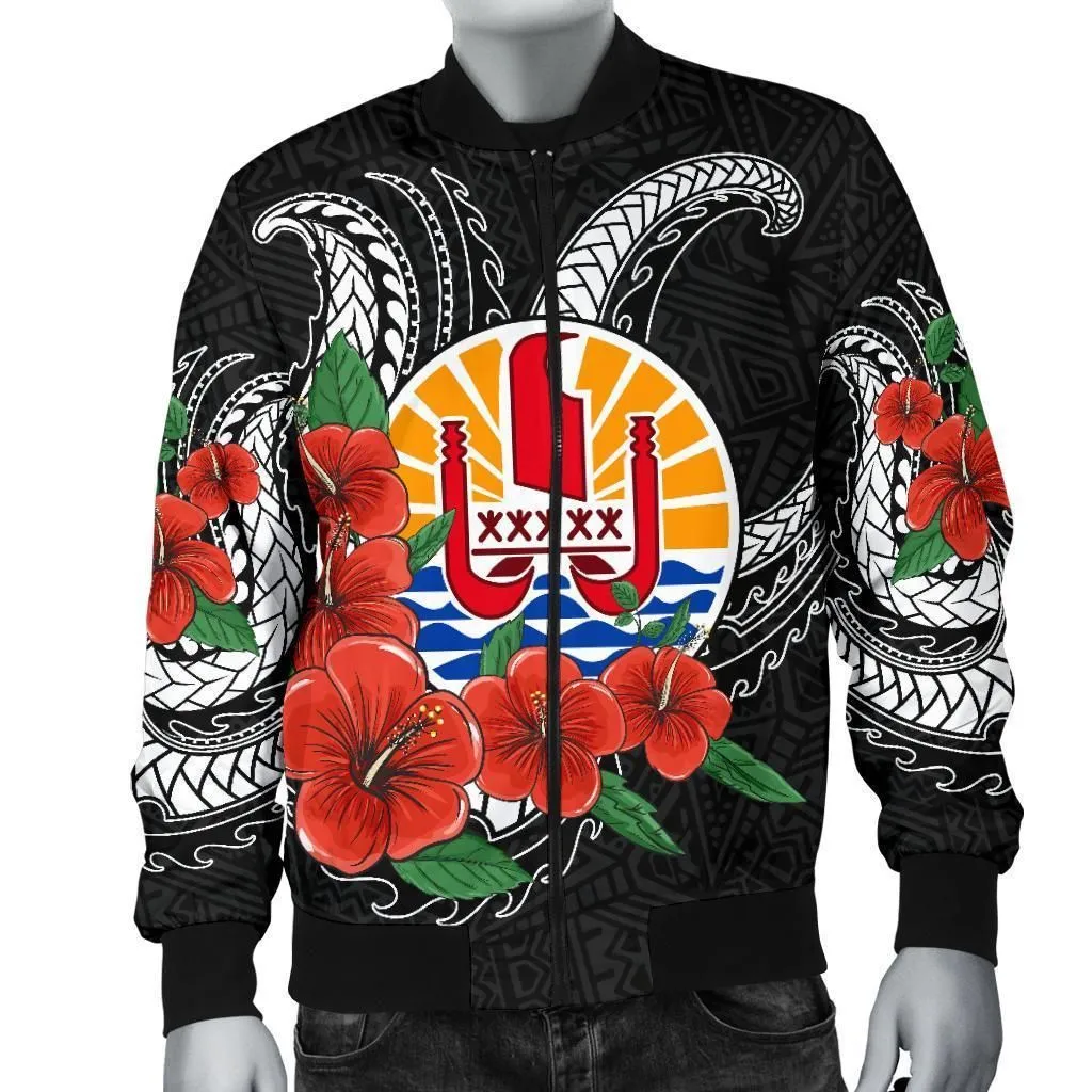 Tahiti Polynesian Men Bomber Jacket - Hibiscus Coat of Arm Black
