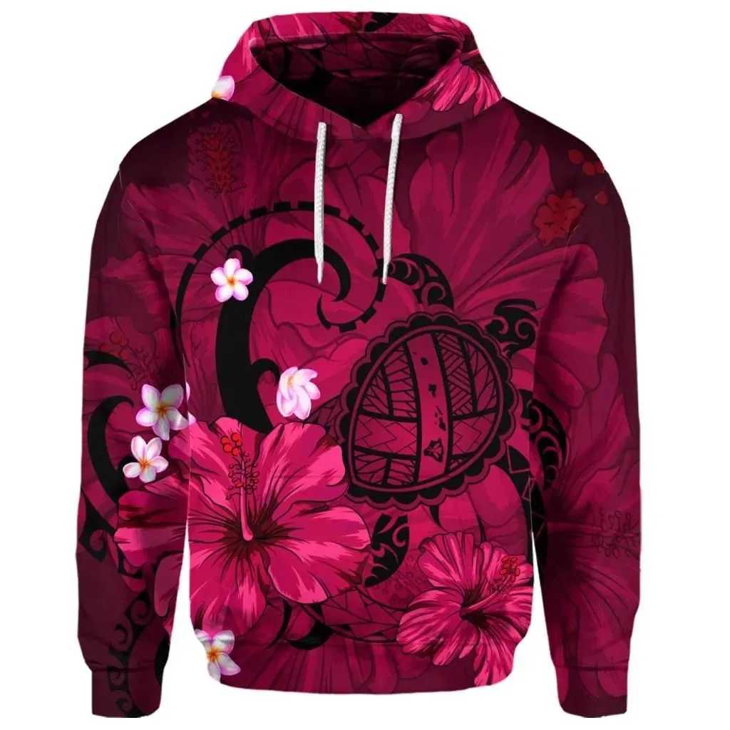 Alohawaii Hoodie - (Personalised) Hawaiian Map Big Turtle Hibiscus Plumeria Tribal Polynesian Hoodie - Pink - AH - J6R