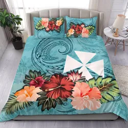 Wallis And Futuna Bedding Set Hibiscus Polynesian Wave Coat Of Arms Duvet Cover Blue TH5