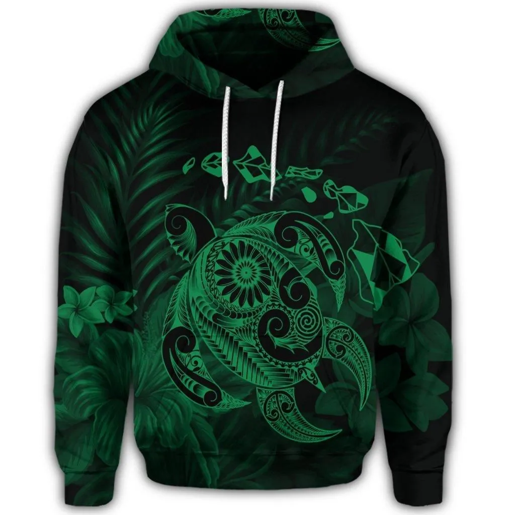 Hawaiian Map Turtle Tattoo Hibiscus Plumeria Polynesian Hoodie - Green