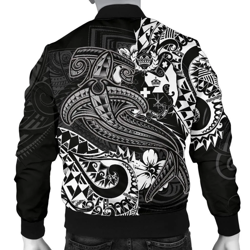 Tonga Men's Bomber Jacket  - White Shark Polynesian Tattoo - BN18