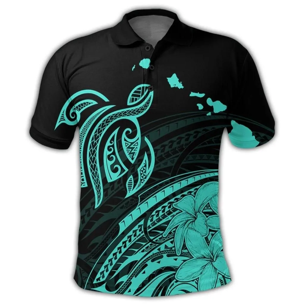 Alohawaii Shirt - Hawaii Turtle Polynesian Map Plumeria Polo Shirt Turquoise - AH - JR