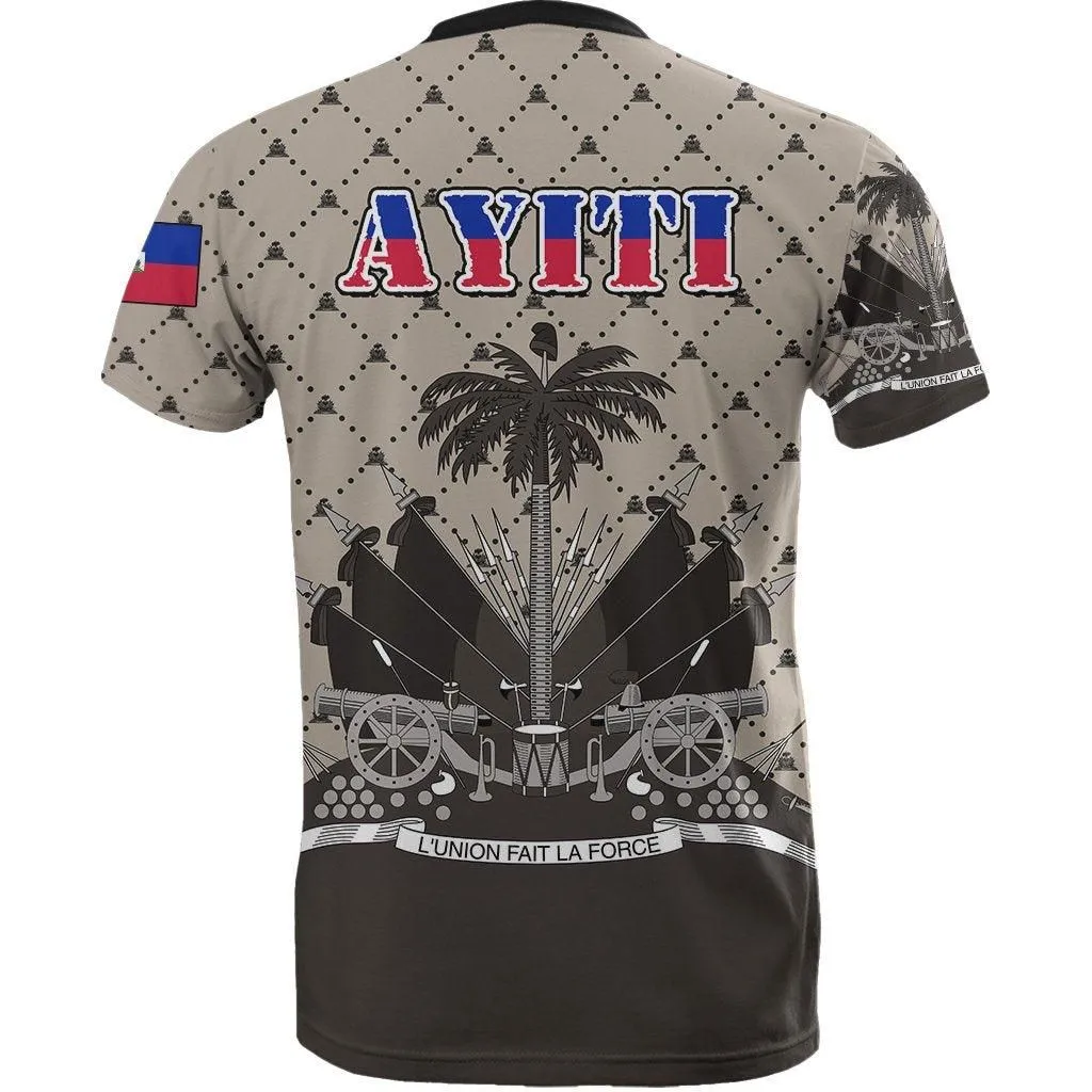 Haiti T shirt - Coat of Arms Hibiscus Plumeria Light Brown