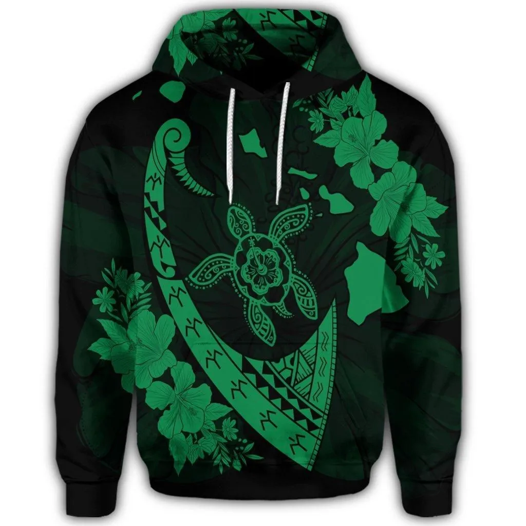 Hawaiian Map Hibiscus Turtle Fish Hook Polynesian Hoodie Green