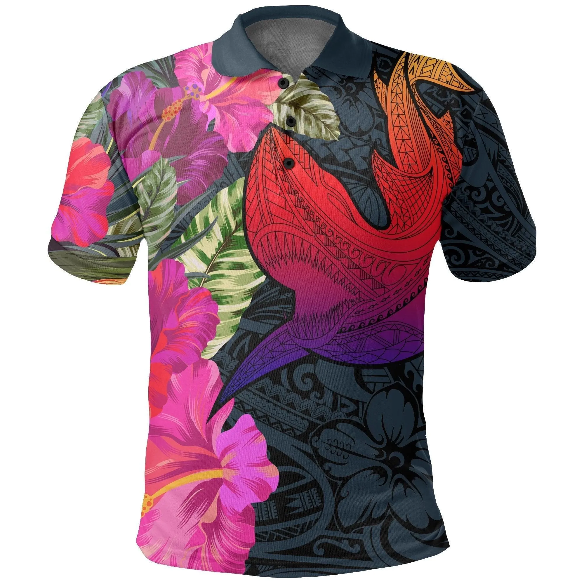 Hawaii Polynesian Hibiscus Shark Polo Shirt - Rock Style