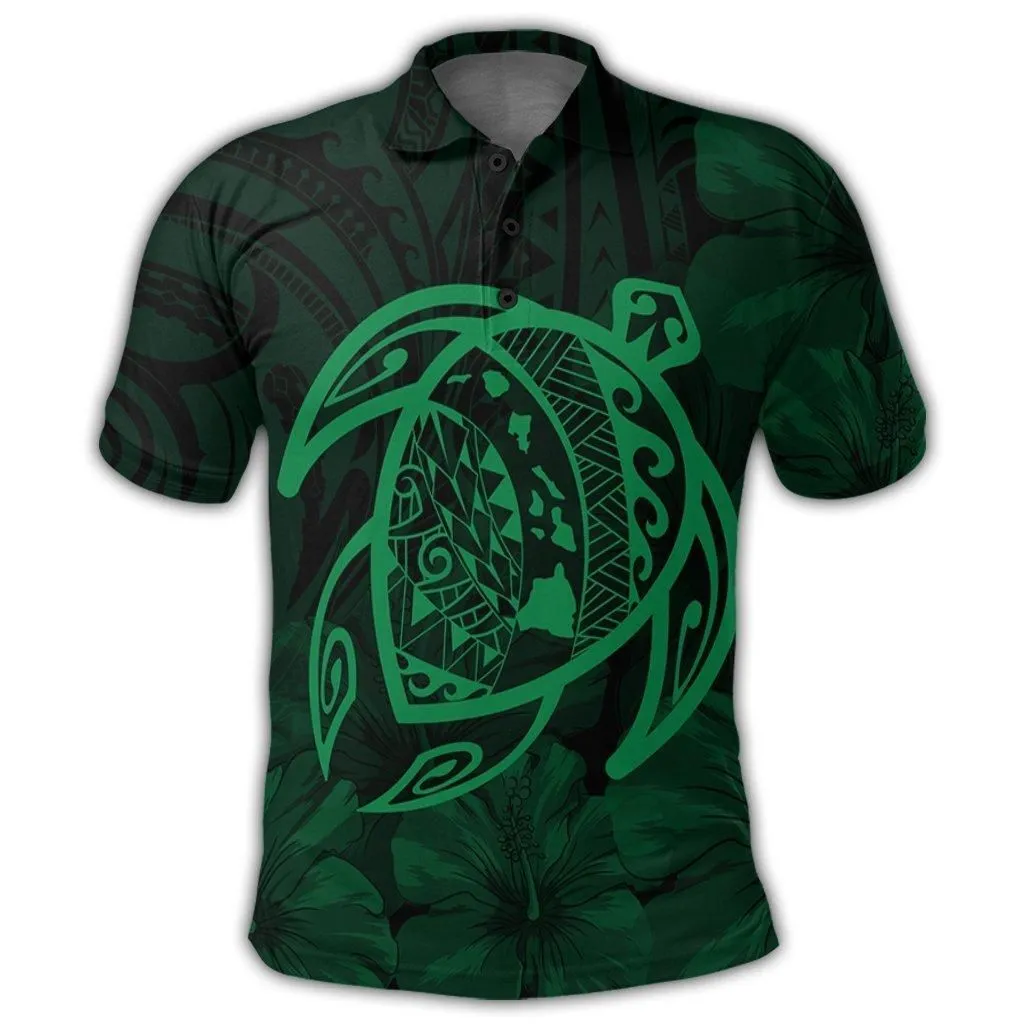 Hawaiian Map Turtle Kanaka Hibiscus Polynesian Polo Shirt - Green