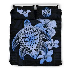 FamilyGater Bedding Set - Cover and Pillow Cases Tongan Hibiscus Plumeria Mix Polynesian Turtle Blue J1