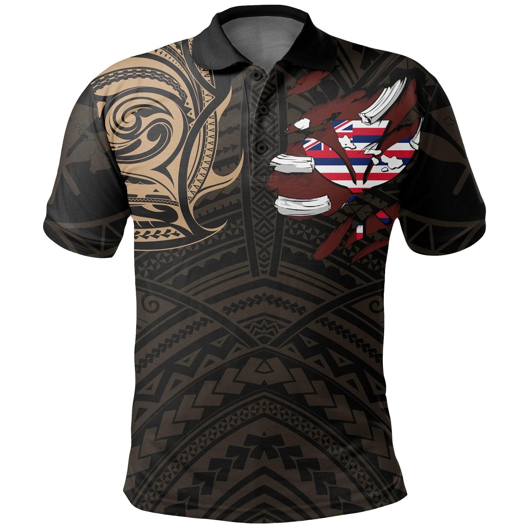 Hawaiian Kanaka Polo Shirt Heart Tattoo Gold AH
