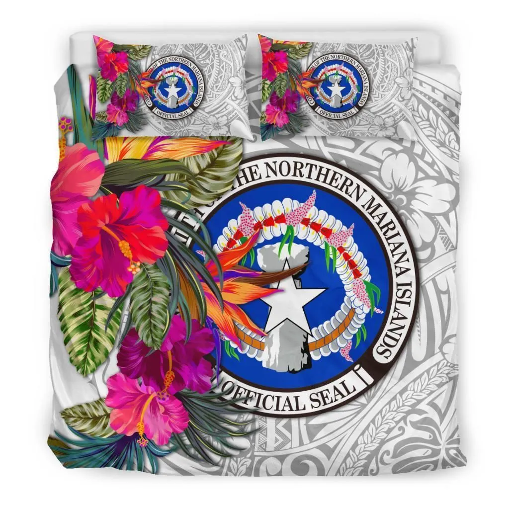 Northern Mariana Islands Bedding Set - Saipan Hibiscus Polynesian Pattern White Version