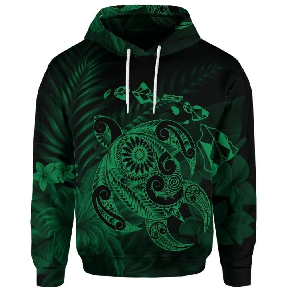 (Personalised) Hawaiian Map Turtle Tattoo Hibiscus Plumeria Polynesian Hoodie - Green