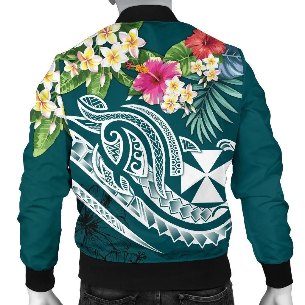 Wallis and Futuna Polynesian Mens Bomber Jacket - Summer Plumeria Turquoise
