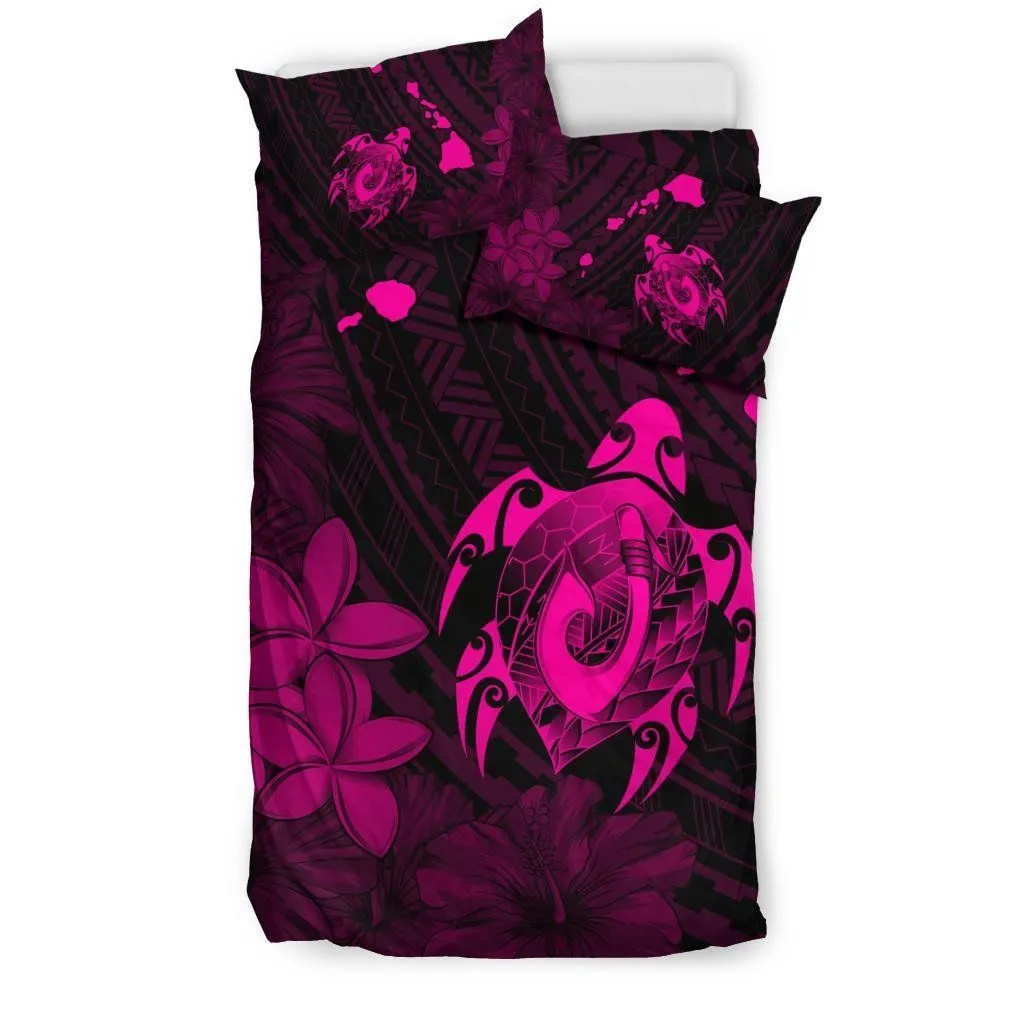 FamilyGater Bedding Set - Cover and Pillow Cases Hawaiian Map Turtle Plumeria Hibiscus Fish Hook Polynesian Pink - AH - J5
