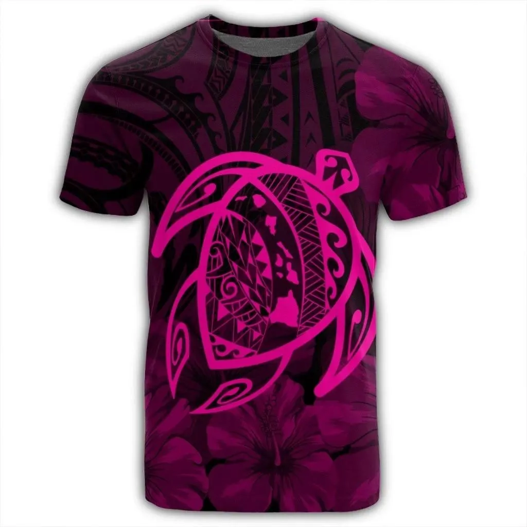 Alohawaii Tee - Hawaiian Map Turtle Kanaka Hibiscus Polynesian T-shirt Pink - AH - J4R