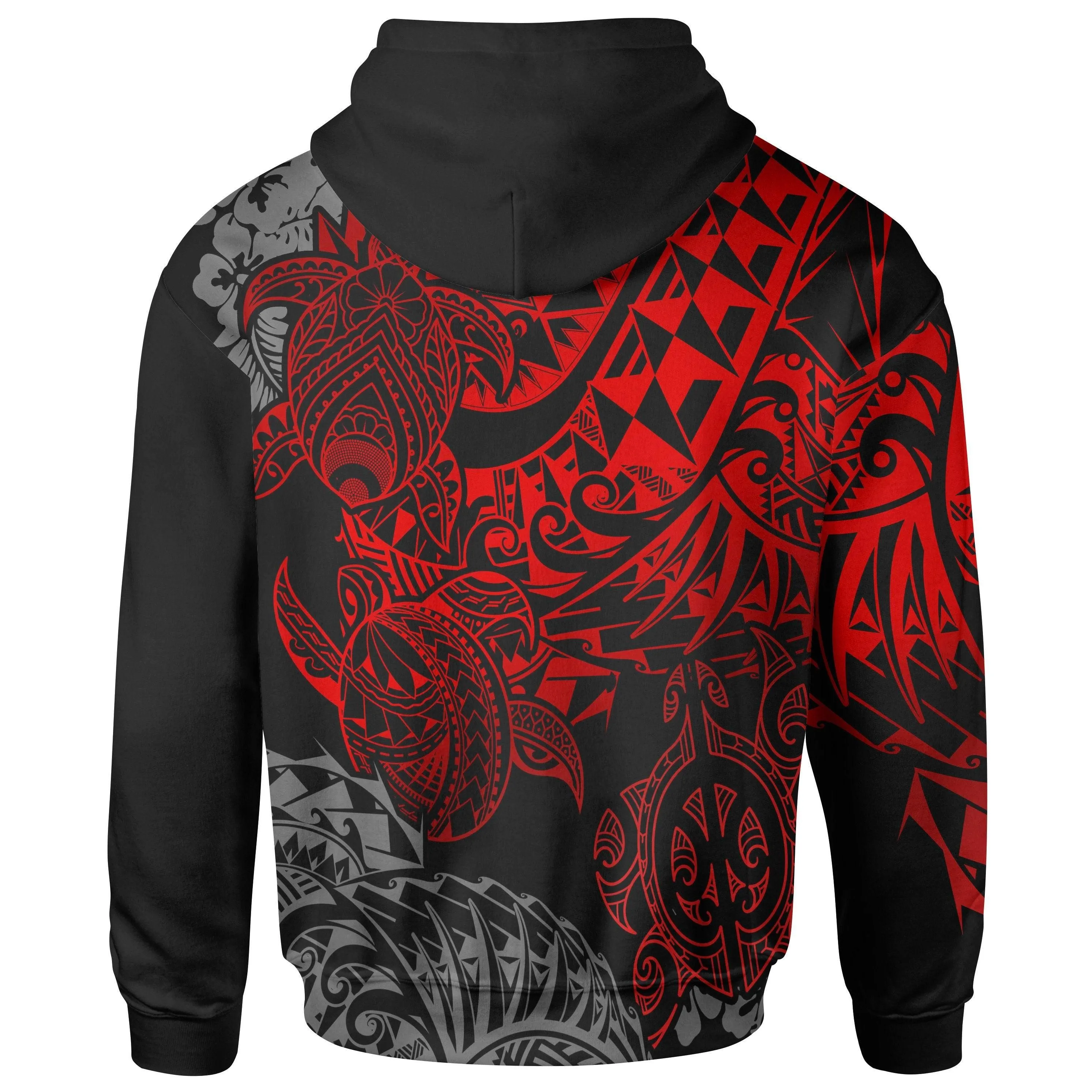 Tahiti Polynesian Hoodie - Red Turtle Hibiscus Flowing