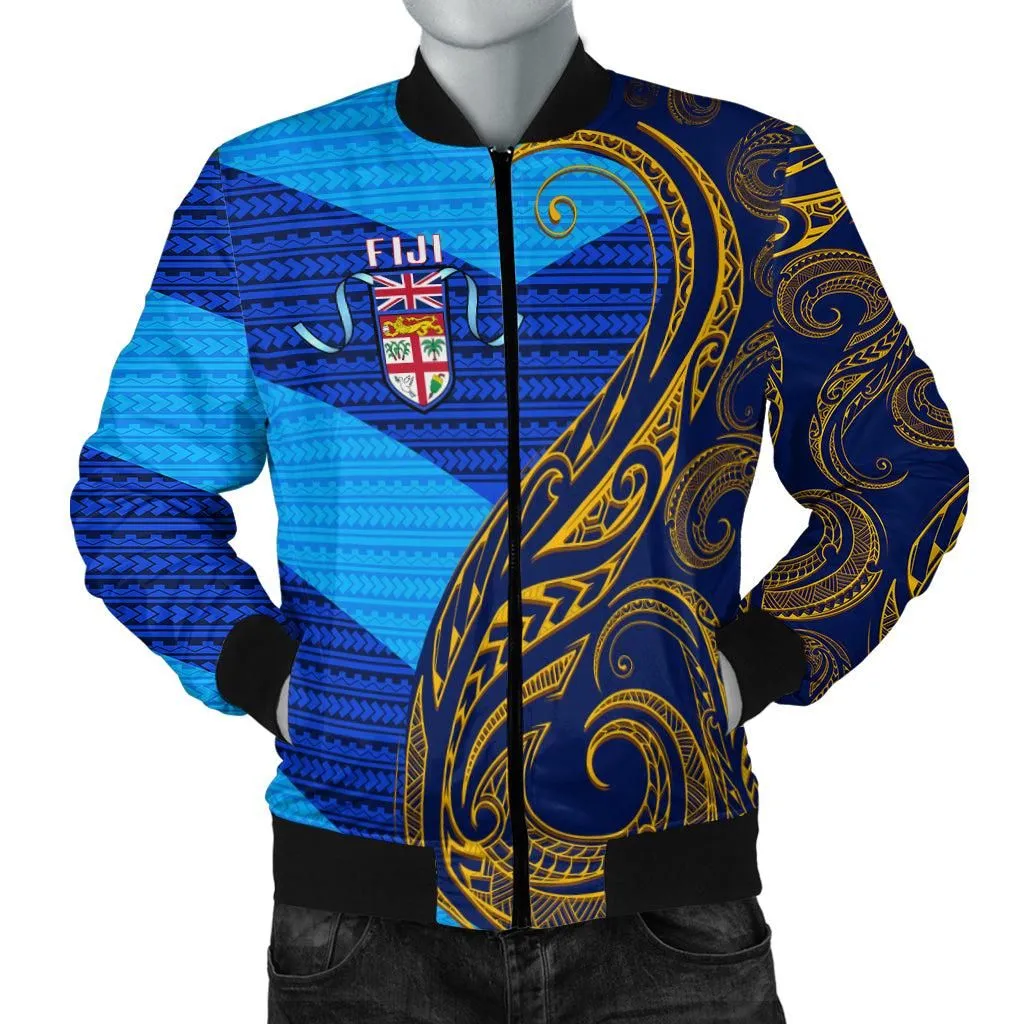 Fiji Bomber Jacket - Flags Color With Gold Polynesian Pattern - LT20