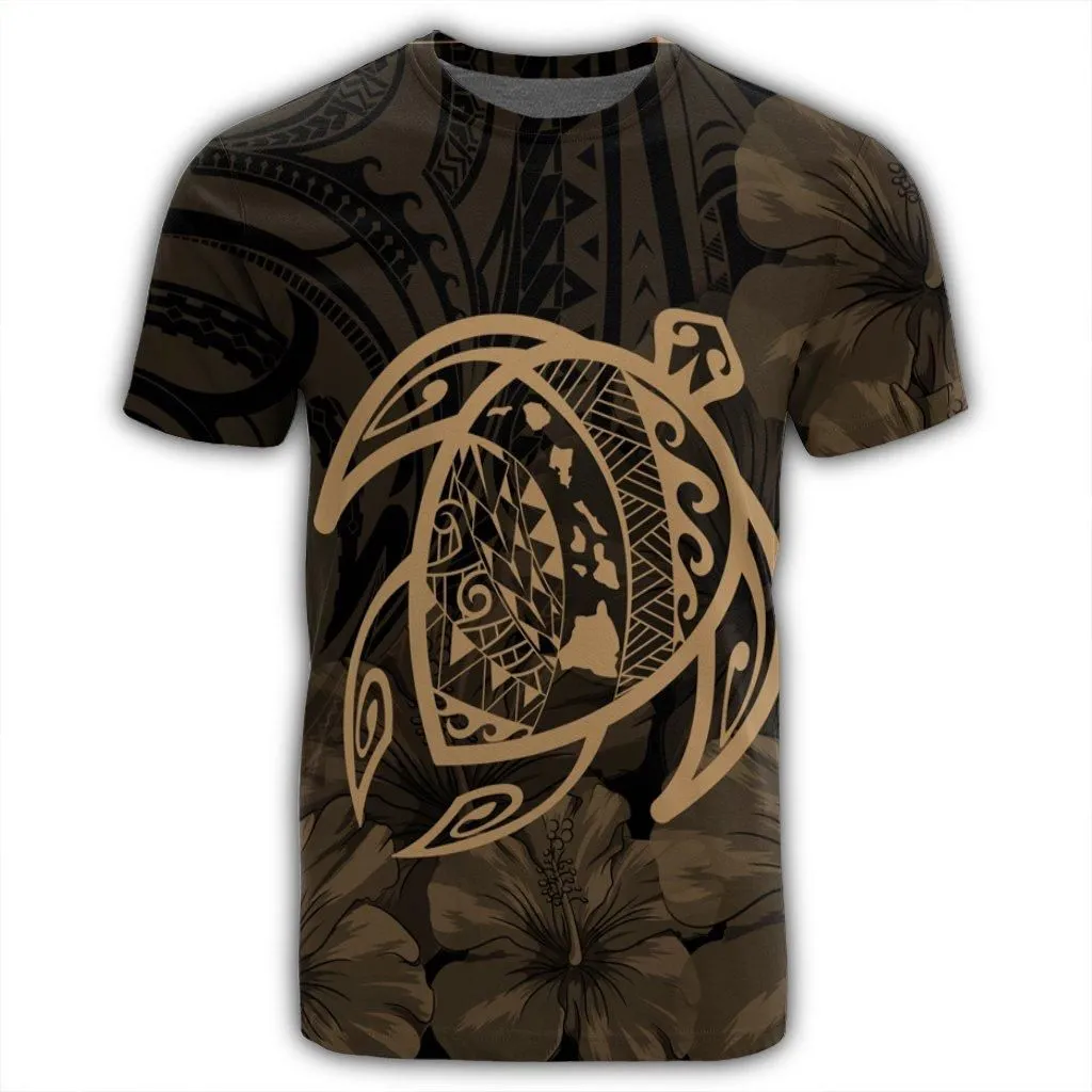 Hawaiian Map Turtle Kanaka Hibiscus Polynesian T-Shirt - Gold - AH
