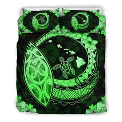 Hawaiian Map Hibiscus Plumeria Turtle Polynesian Bedding Set Green