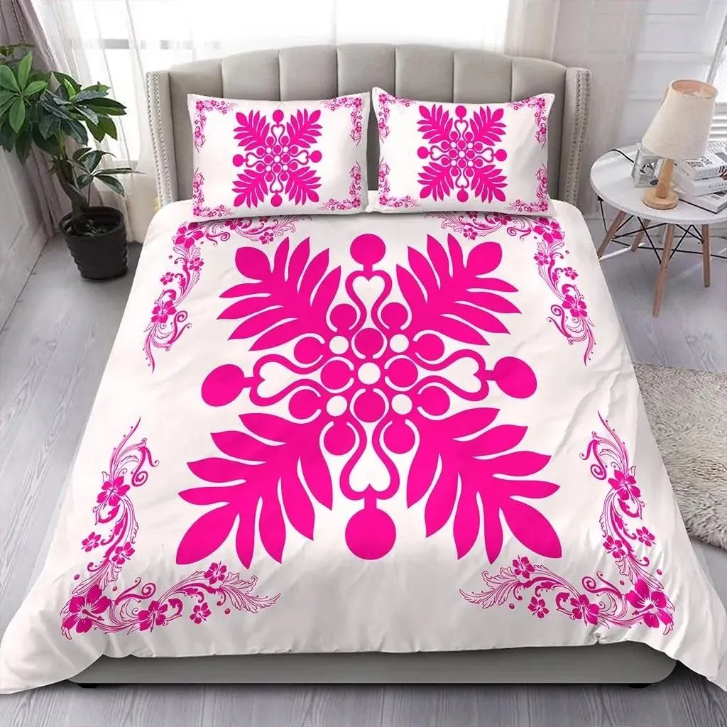 Alohawaii Home Set - Hawaiian Quilt Maui Plant And Hibiscus Pattern Bedding Set - Pink White - AH J8