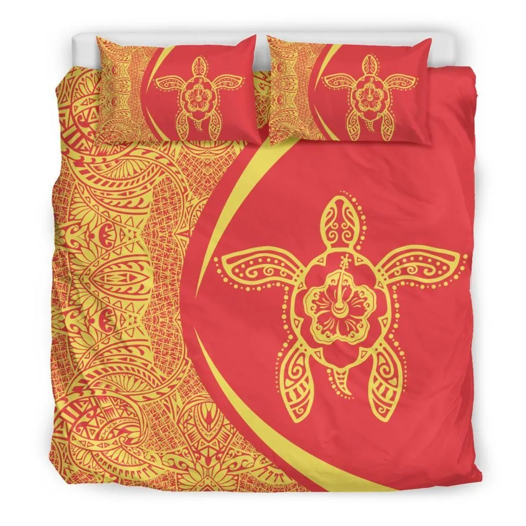 Hawaiian Turtle Hibiscus Polynesian Bedding Set-Circle Style Yellow And Red