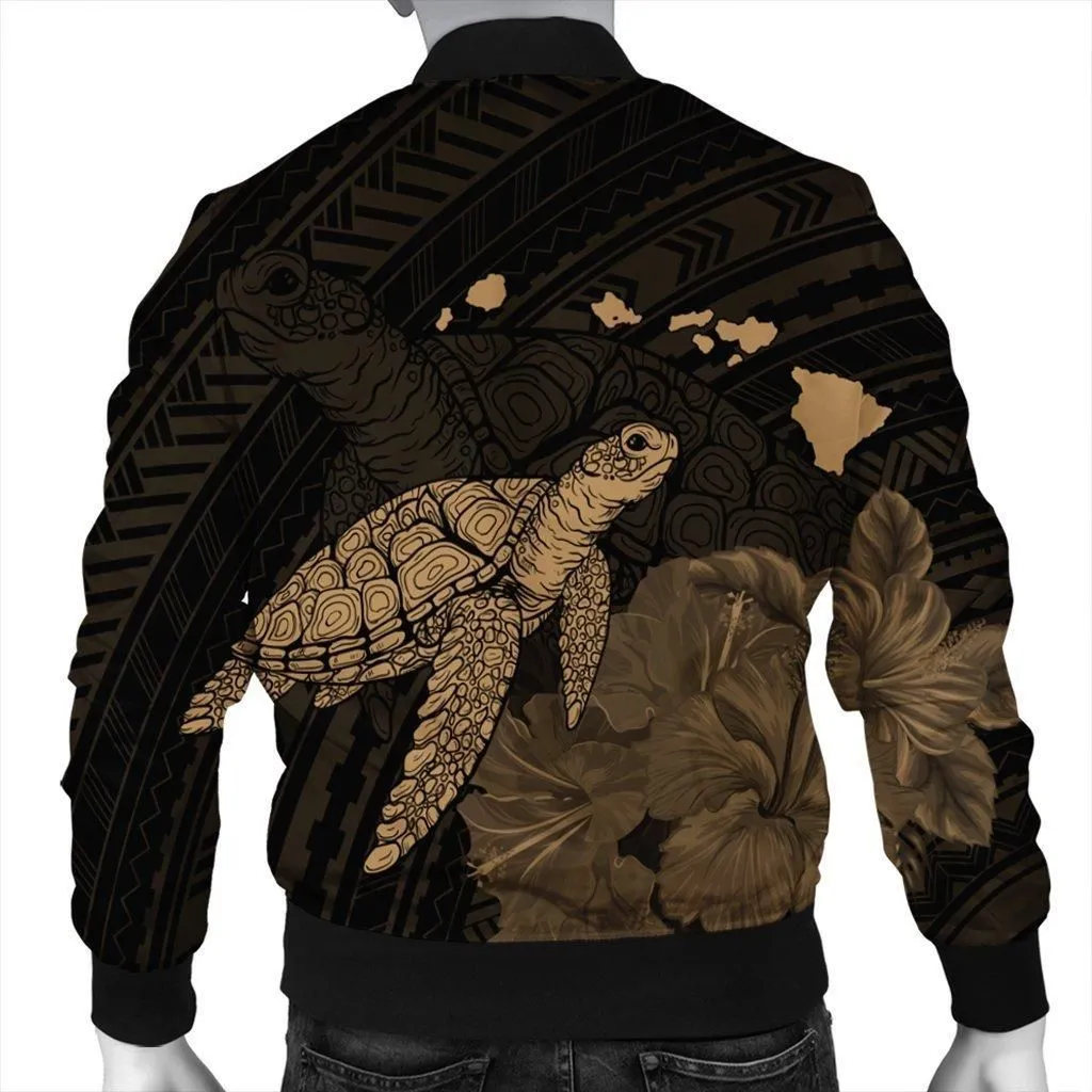 Hawaii Polynesian Hibiscus Turtle Map Bomber Jacket Gold