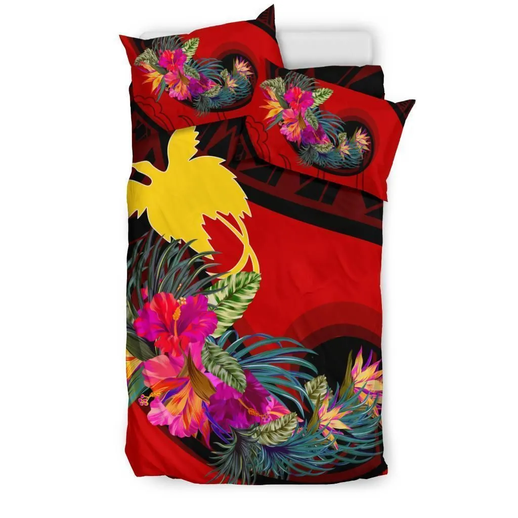 Papua New Guinea Bedding Set - Polynesian Hook And Hibiscus (Red)