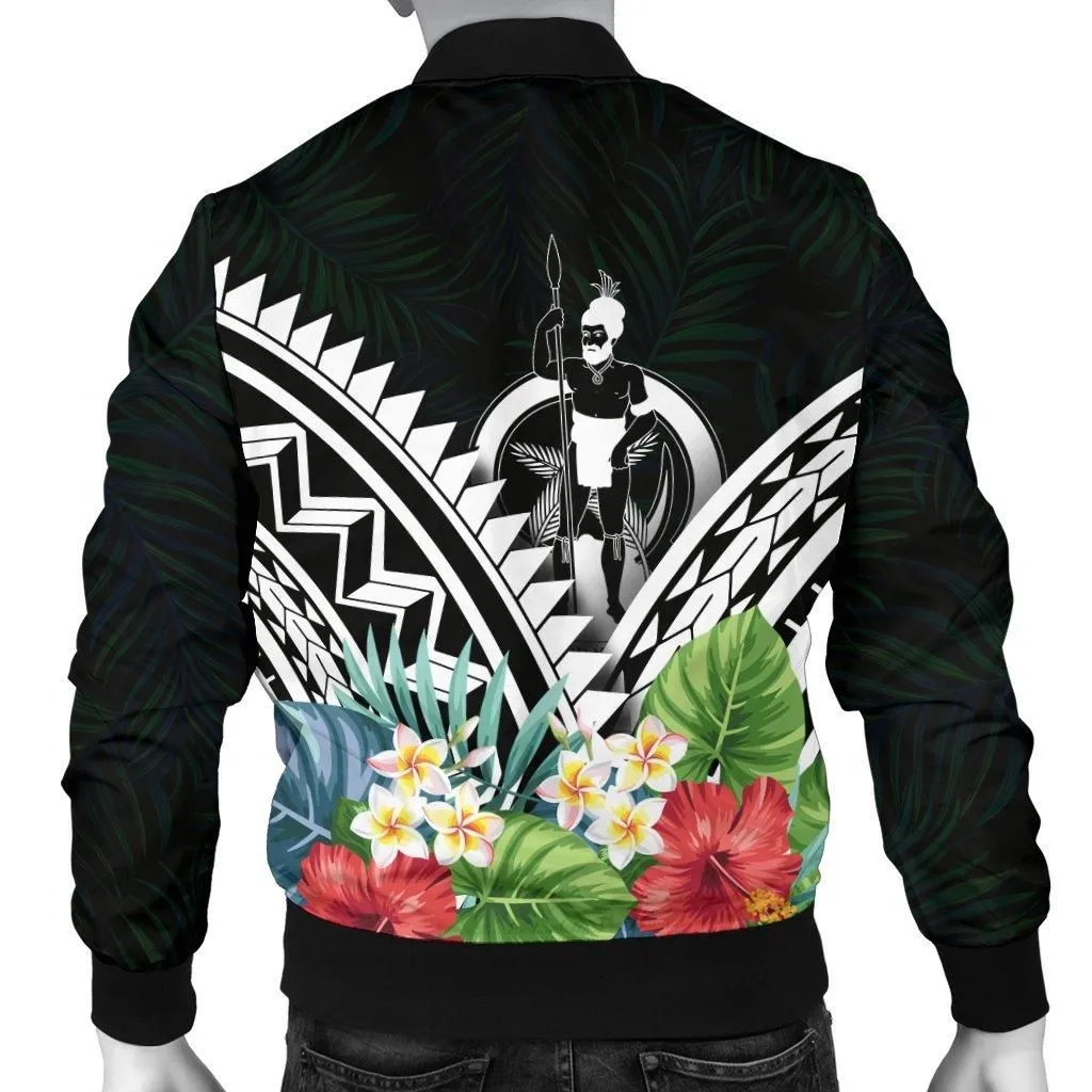 Vanuatu Mens Bomber Jacket - Vanuatu Caledonia Coat of Arms & Polynesian Tropical Flowers White