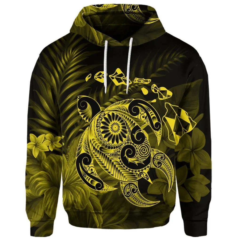 (Personalised) Hawaiian Map Turtle Tattoo Hibiscus Plumeria Polynesian Hoodie - Yellow - AH