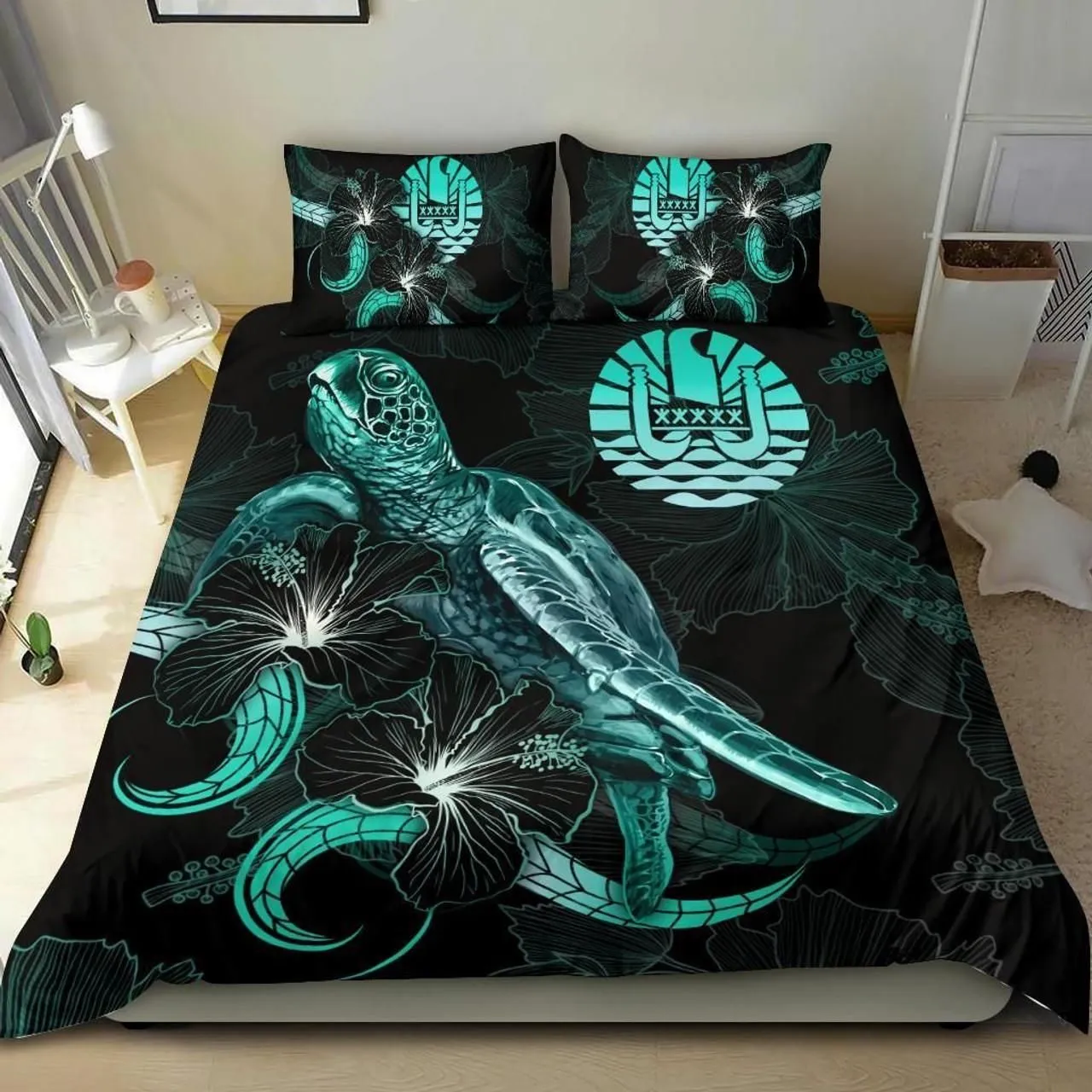 Tahiti Polynesian Bedding Set - Turtle With Blooming Hibiscus Turquoise