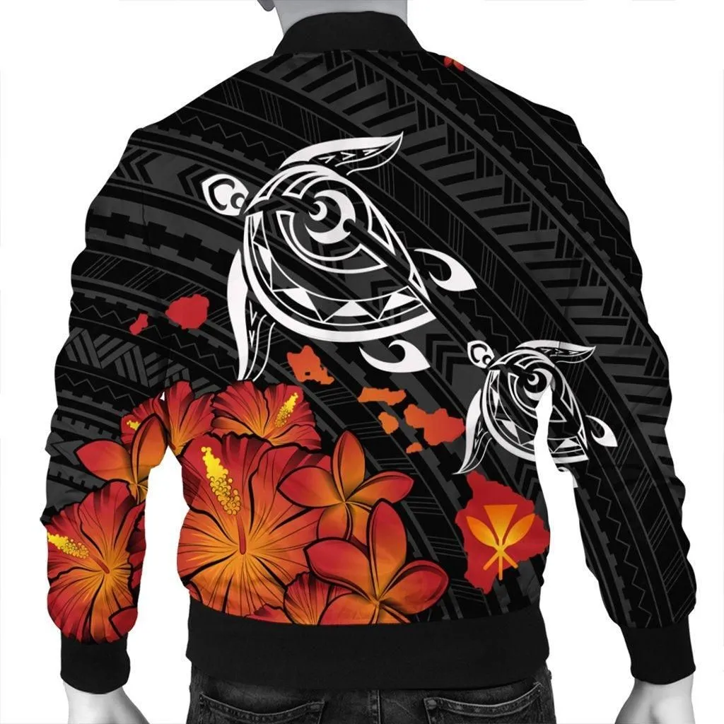 Hawaiian Map Kanaka Turtles Hibiscus Plumeria Bomber Jacket - AH