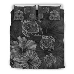 Hawaiian Map Turtle Hibiscus  Vintage Polynesian Bedding Set Gray