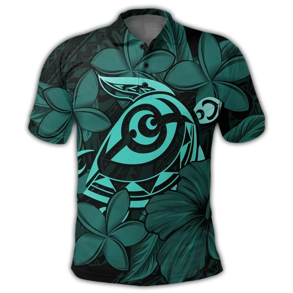 Alohawaii Shirt - Hawaiian Turtle Hibiscus Plumeria Kanaka Polynesian Polo Shirt Turquoise - Soft Style - AH - J4R