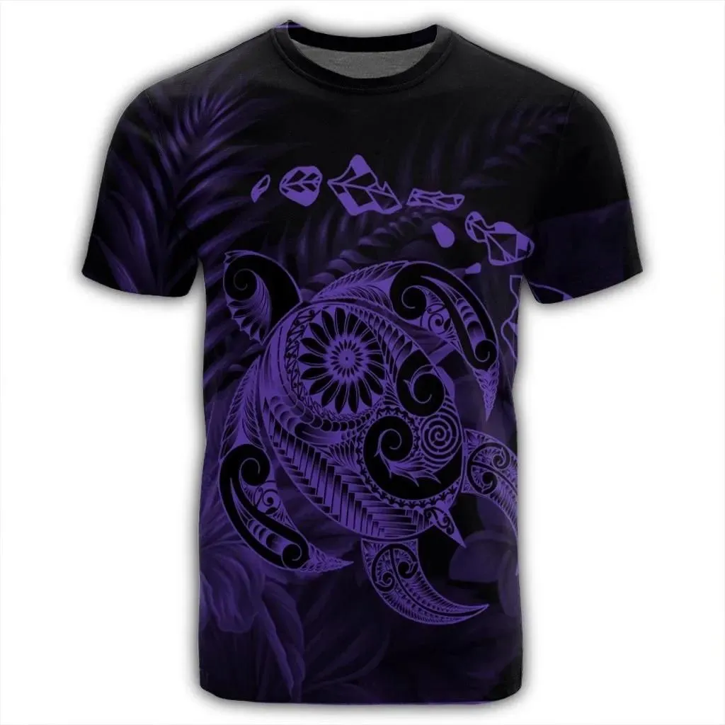 Alohawaii Tee - Hawaiian Map Turtle Tattoo Hibiscus Plumeria Polynesian T-shirt Purple - AH - J4R
