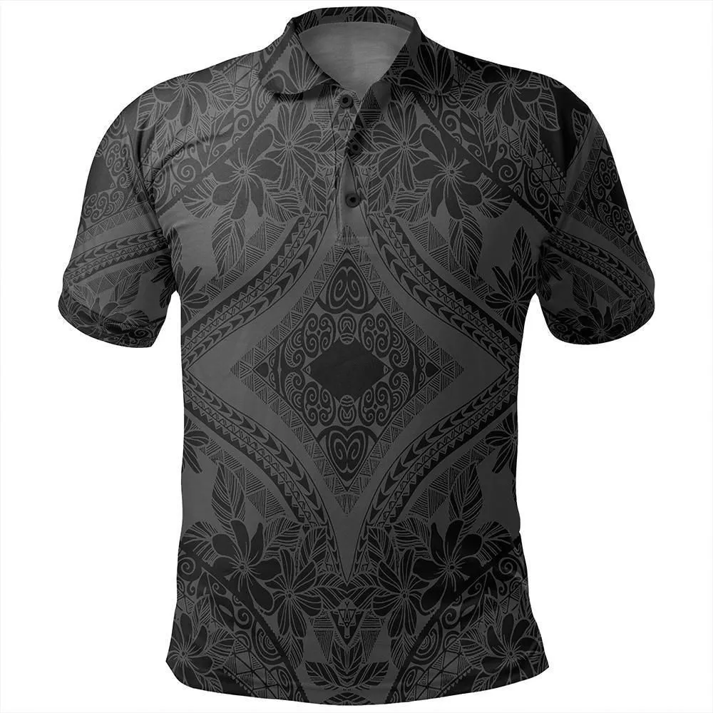Unisex Polynesian Plumeria Mix Gray Black Polo Shirt