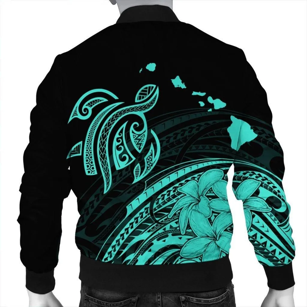 Hawaii Turtle Polynesian Map Plumeria Bomber Jacket Turquoise