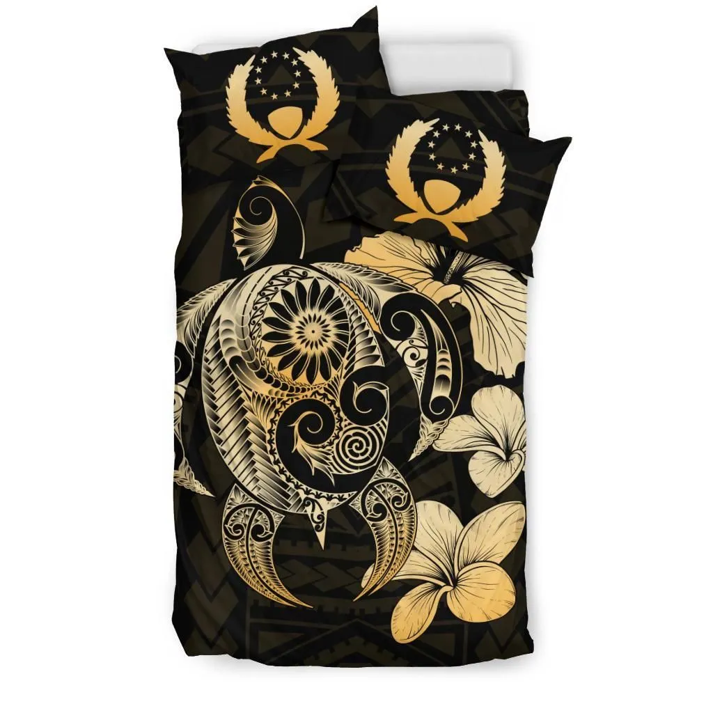 Pohnpei Islands Hibiscus Plumeria Mix Polynesian Gold Turtle Bedding Set - J1