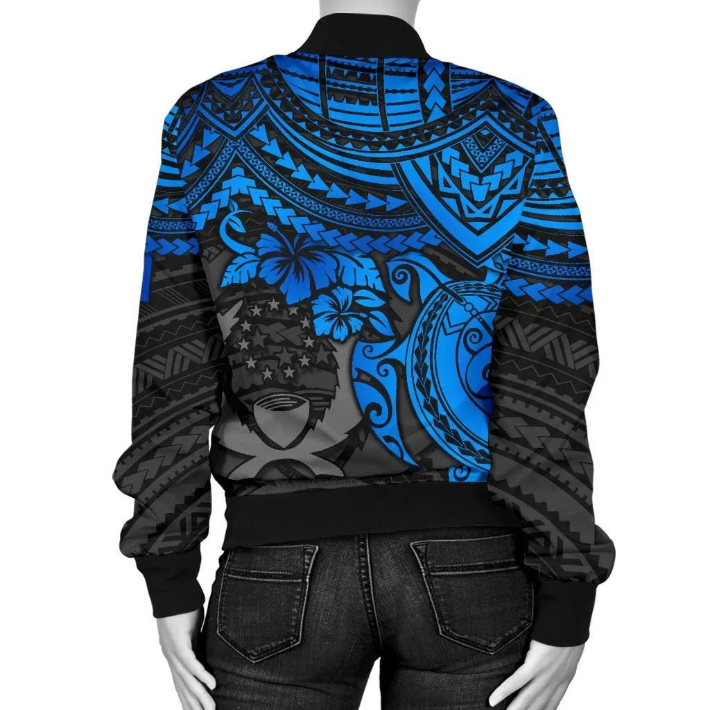 Pohnpei Polynesian Bomber Jacket (Women) - Polynesian Blue Turtle - BN15