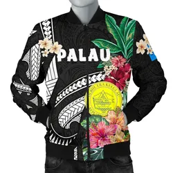 Palau Men's Bomber Jacket Coat Of Arms Polynesian With Hibiscus TH5