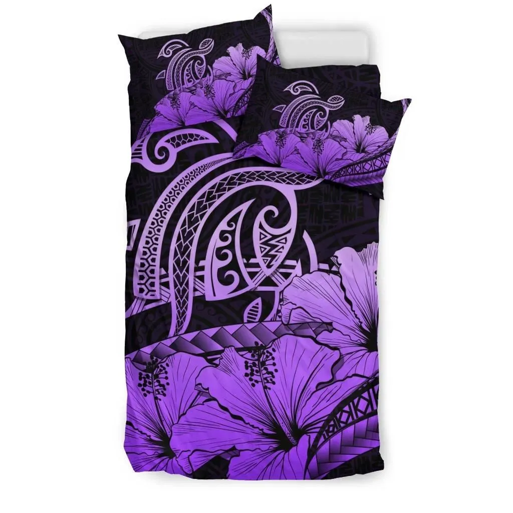 FamilyGater Home Set - Hawaiian Map Hibiscus Turtle Polynesian Bedding Set Violet - AH - J1