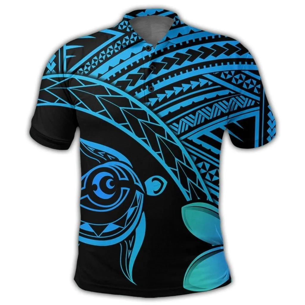 Hawaiian Turtle Plumeria Kakau Polynesian Quilt Polo Shirt Blue