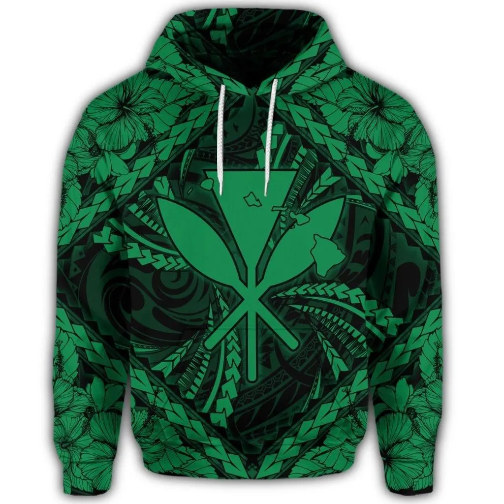 Hawaiian Map Kanaka Hibiscus Green Polynesian Hoodie