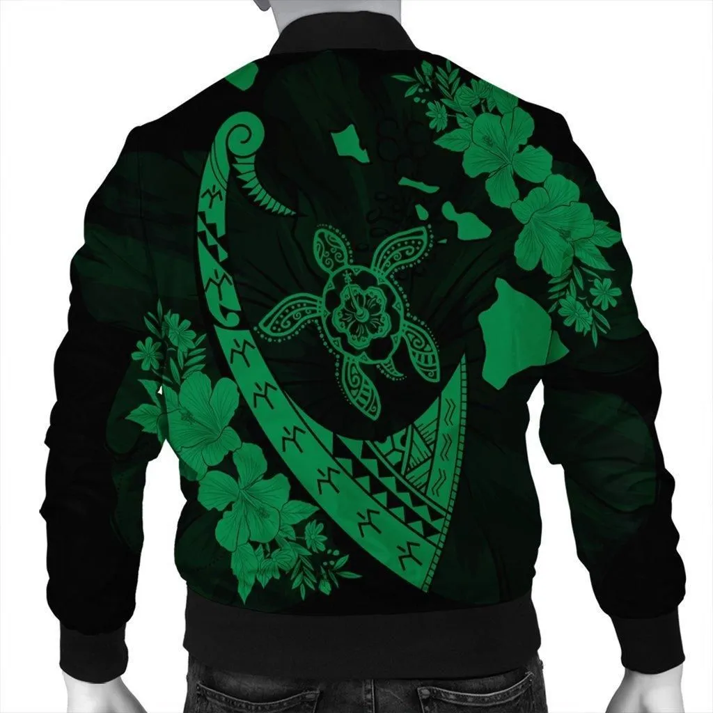 Hawaiian Map Hibiscus Turtle Fish Hook Polynesian Bomber Jacket Green