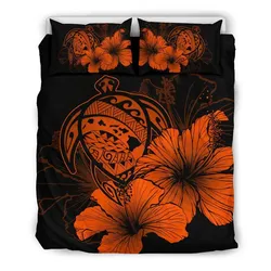 FamilyGater Bedding Set - Cover and Pillow Cases Hawaiian Map Hibiscus Turtle Polynesian - Orange - AH J9