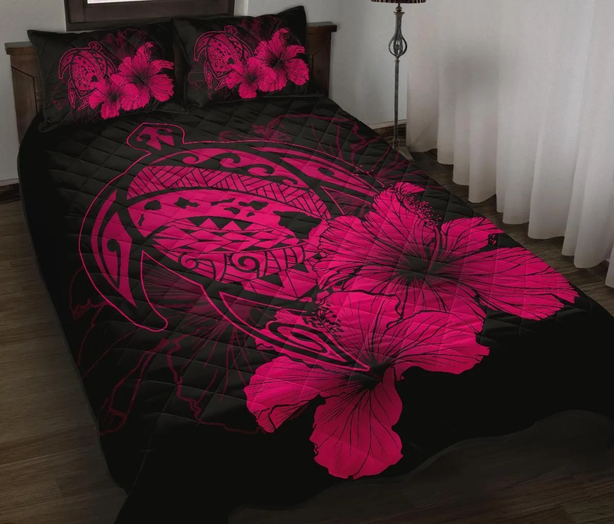 Hawaiian Map Turtle Hibiscus Polynesian Quilt Bedding Set - Calico Red