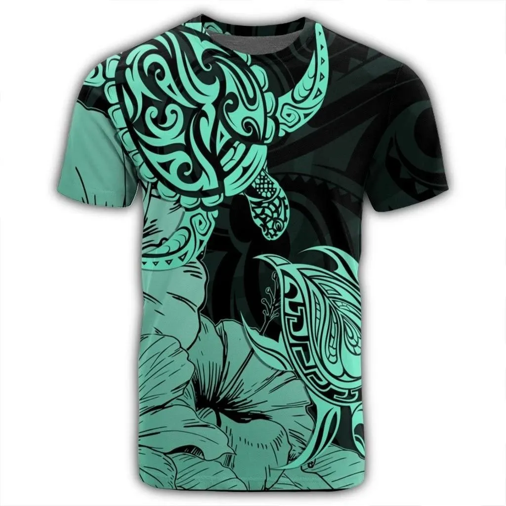 Alohawaii Tee - Hawaii Turtle T-Shirt Polynesian Hibiscus Art Turquoise - AH - JR